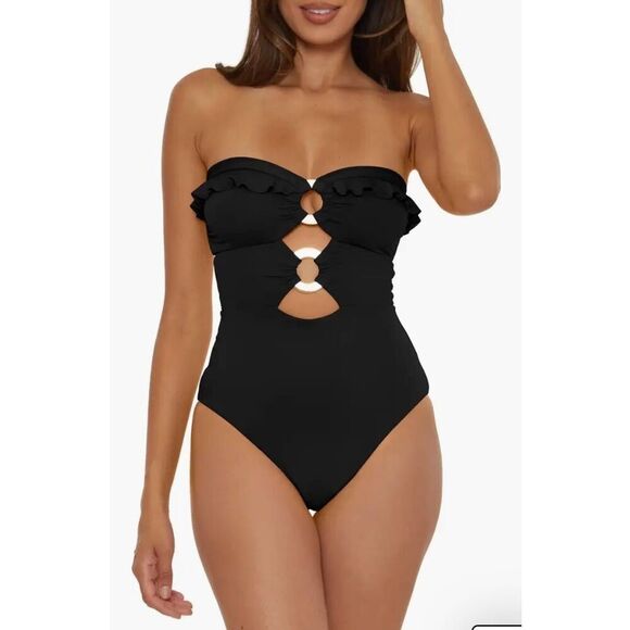 Soluna One-Piece Swimsuit Size Small Black Ruffle Strappy NWT - Picture 2 of 10